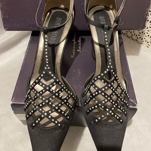 Black rhinestone sateen shoes sling back